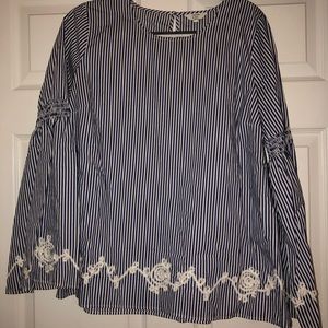 Blue and white striped bell sleeve top